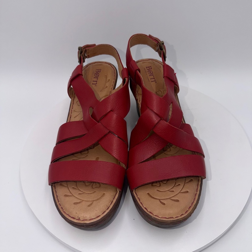 Born Carmo Red Leather Strappy Wedge Sandals Womens 9M - Picture 3 of 8